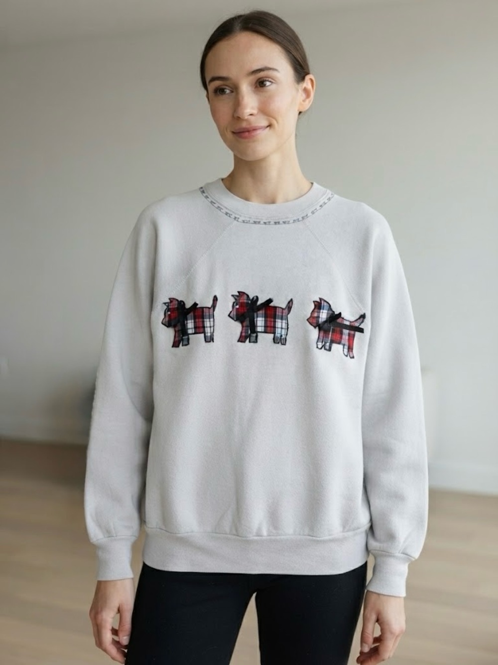 Vintage 80s/90s Ultra Sweats Tartan Scotty Dog Hand-Embellished Bows Sweatshirt